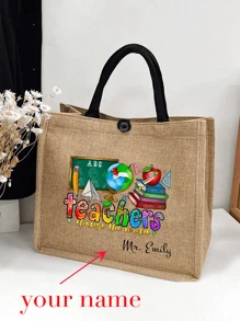 Bolso de mano de lino con estampado de palabras "Teacher", bolígrafos, libros, patrones de flores, patrones de anime de dibujos animados, estampado de letras, estampado de leopardo, bolso grande, bolsa de compras caqui, monedero, regalo de aprecio al maestro