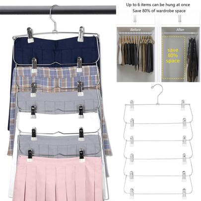 Perchas de falda de 6 niveles con clips de metal, perchas para múltiples pantalones que ahorran espacio en un solo gancho con clips, perchas de metal para el fondo del armario con clips antideslizantes y ajustables, ganchos giratorios que ahorran espacio para pantalones