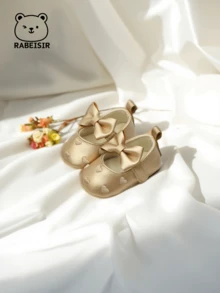 RABEISIR 嬰兒刺繡心步行鞋嬰兒鞋帶時尚大蝴蝶結公主風 - 金色 - 查看 10