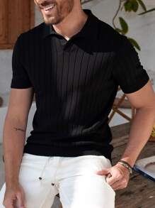Men Solid Casual Polo Neck Short Sleeves Ribbed Knit Top
