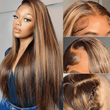Ombre Lace Front Wig Human Hair 28inch 13x4 Straight Highlight Wig Human Hair 250% Density 4/27 Colored Honey Blonde HD Lace Frontal Wigs For Women Glueless Pre Plucked With Baby Hair - S4/27 - 查看 2