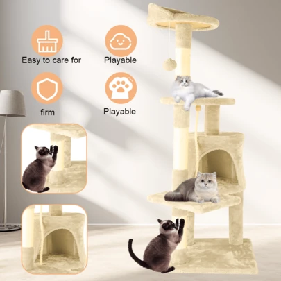 The Beige Luxury Super Large 4-Story Cat Tree Cat Climbing Frame Is Equipped With Scrapers, Hanging Balls And A Comfortable Little House. It Is The Perfect Gift For Indoor Cats. Cat Tower Cat Nest Cat Scratch Board Is Wear-Resistant And Stable. A Must-Have For Pet Home, It Is A Favorite Of Cats And A Great Summer Gift