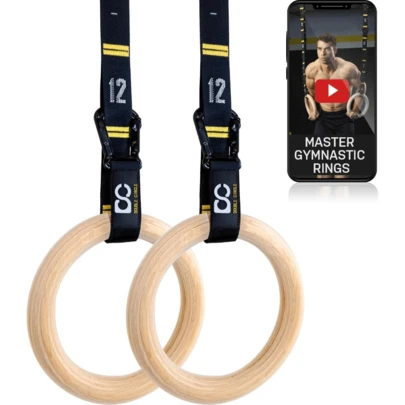 Local Delivery- Double Circle Wood Gymnastics Rings With Quick Adjust Numbered Straps And Exercise Videos Guide - Full Body Workout Rings, Calisthenics, Home Gym (Multi-Size)