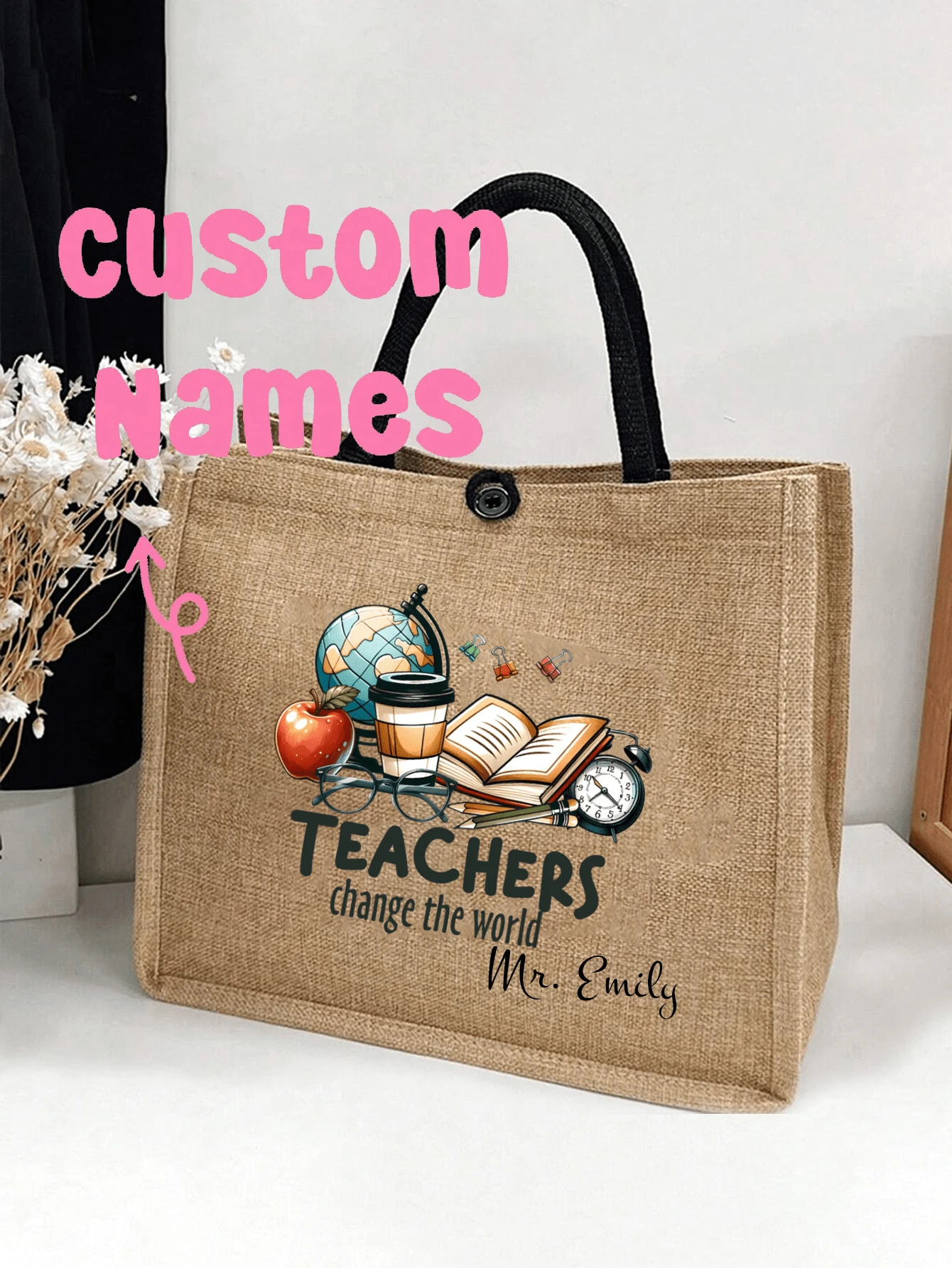 Bolso de mano de lino con estampado de palabras "Teacher", bolígrafos, libros, patrones de flores, patrones de anime de dibujos animados, estampado de letras, estampado de leopardo, bolso grande, bolsa de compras caqui, monedero, regalo de aprecio al maestro