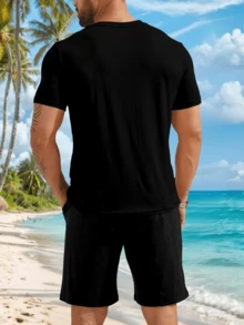 Customized Men's 2 Pieces Set, T-Shirt & Shorts, Casual, Loose-Fit. Input Your Text (Name, Slogan, Fun Text, Blessing), Upload Your Own Photo/Logo (E.G. Partner, Pet, Group Photo), Perfect For Company Uniforms, Party Outfits, Gifts For Boyfriend, Family, Friends, Birthdays, Holidays, Anniversaries, Personalized Photo Gifts. - Black - View 3