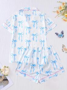 2-Piece Women's Pajamas Set With Short Sleeves, Blue And White Bow Print, Button-Down Collar Cardigan Top, Elastic And Comfortable Shorts, Bow Pattern Comfortable Casual Summer Home Clothes. - Blue and White - View 2