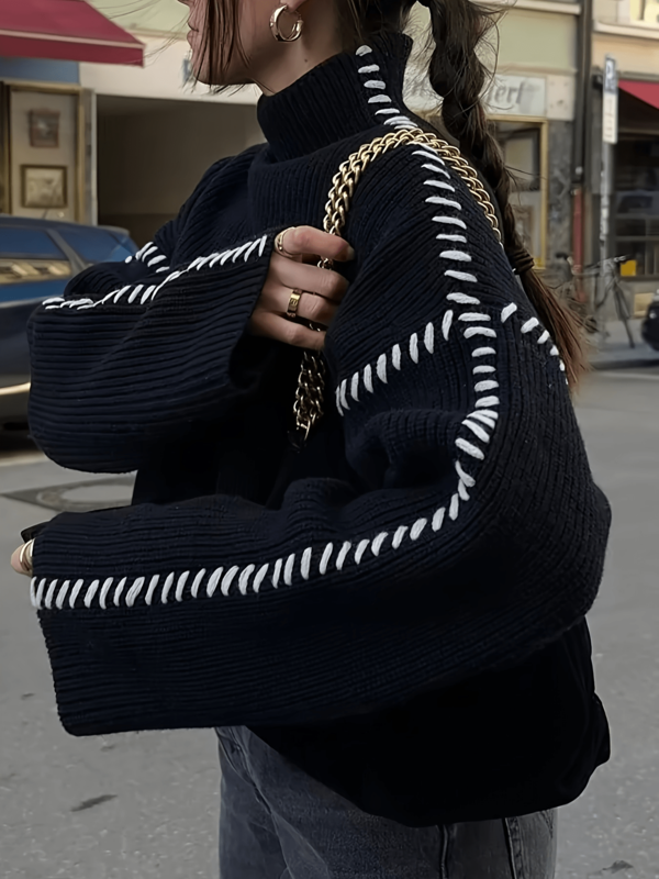 Pull oversize col montant avec détail de surpiqûre, style casual pour tous les jours pour femmes