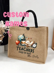 Bolso de mano de lino con estampado de palabras "Teacher", bolígrafos, libros, patrones de flores, patrones de anime de dibujos animados, estampado de letras, estampado de leopardo, bolso grande, bolsa de compras caqui, monedero, regalo de aprecio al maestro
