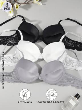 3 pièces Collection de sous-vêtements confortables pour femmes - Soutien-gorge push-up luxueux avec des détails en dentelle délicate, un soutien élevé et un tissu doux et respirant pour un confort ultime