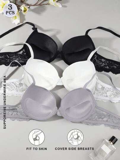 3 pièces Collection de sous-vêtements confortables pour femmes - Soutien-gorge push-up luxueux avec des détails en dentelle délicate, un soutien élevé et un tissu doux et respirant pour un confort ultime