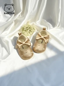 RABEISIR 嬰兒刺繡心步行鞋嬰兒鞋帶時尚大蝴蝶結公主風 - 金色 - 查看 4