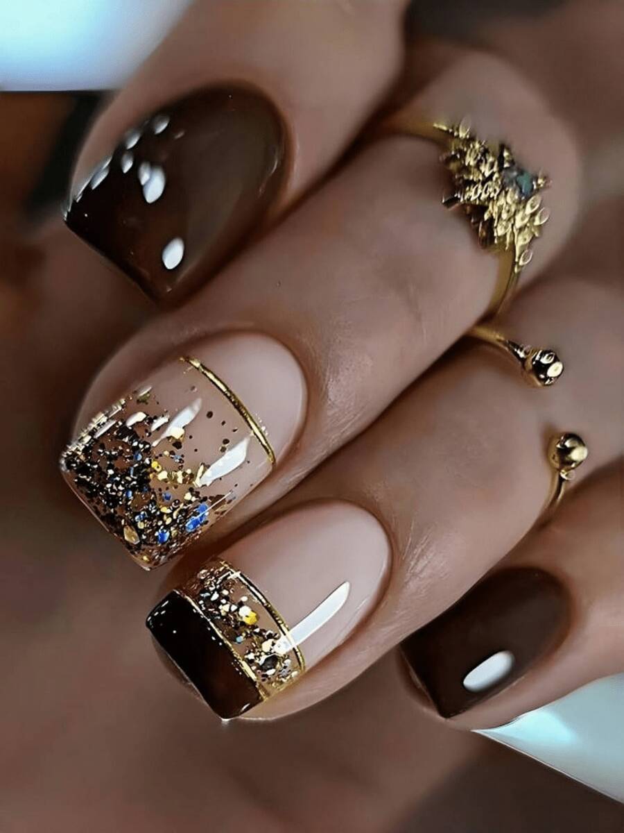24PCS Glitter French Tip Press On Nails - Gold & Brown Acrylic Fake Nails With Rhinestones, Elegant Glamorous Nails For Women, Party & Special Occasion False Nails, Easy To Apply & Long Lasting - màu đen - Xem 1