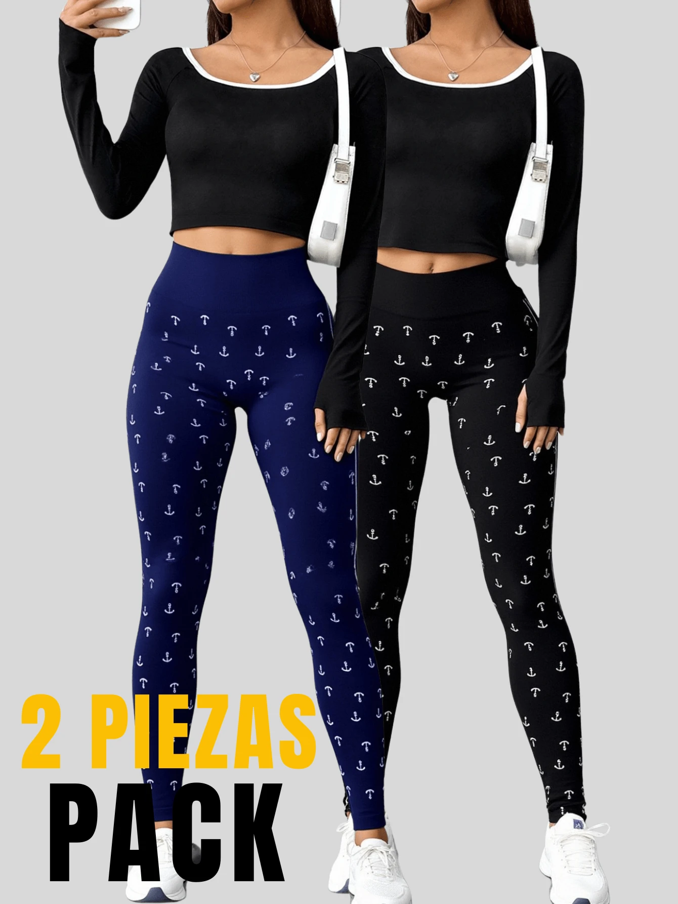 Set De 2 Leggings Unitalla Casual o Deportivos De Cintura Alta De Mujer En Color Sólido - Azul lavado oscuro - Ver 1
