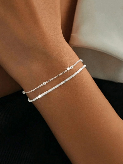 1pc Silver Double Layer Bracelet, Plain Chain For Women, Suitable For Girls, Gift For Best Friend