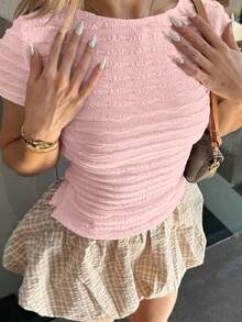 VIVINA Women's Solid Color Minimalist Round Neck Zip-Up Fitted Short Sleeve T-Shirt, Summer - Pink - View 1