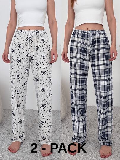 OYGA 2 Packs Women's Pajama Pants – Heart & Plaid Print Set