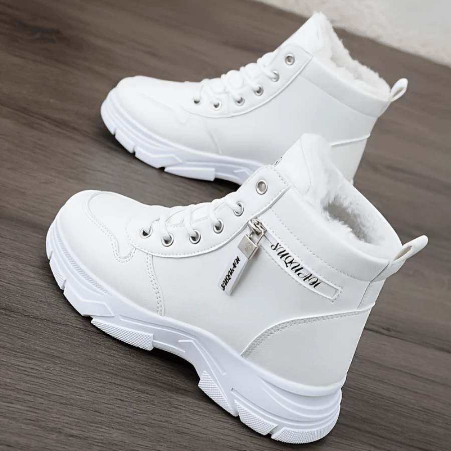Local Delivery - Women's Winter Fashion Snow Boots - Thick Sole, Plush Lined, Beige Synthetic Leather With Side Zipper & Laces, Casual Height Increase, Round Toe, PVC Sole, Fabric Inner Lining, Cold Weather Boots | Round Toe Footwear | PVC Sole Boots, Winter Boots - White - View 1