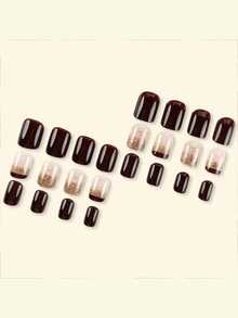24PCS Glitter French Tip Press On Nails - Gold & Brown Acrylic Fake Nails With Rhinestones, Elegant Glamorous Nails For Women, Party & Special Occasion False Nails, Easy To Apply & Long Lasting - màu đen - Xem 4