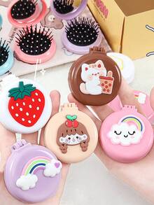 2件（款式随机）可爱卡通迷你折叠气垫梳带镜子，便携