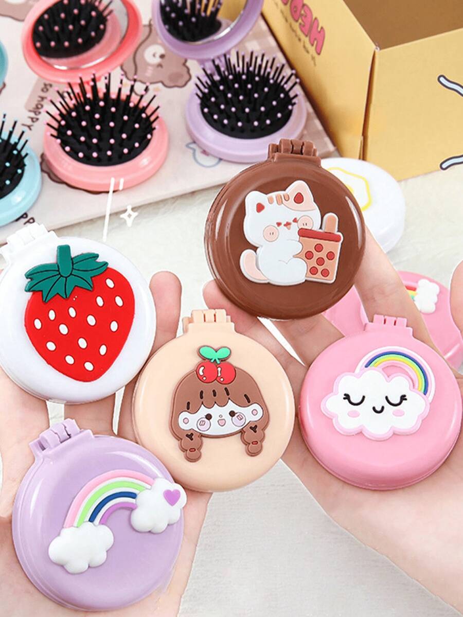 2件（款式随机）可爱卡通迷你折叠气垫梳带镜子，便携