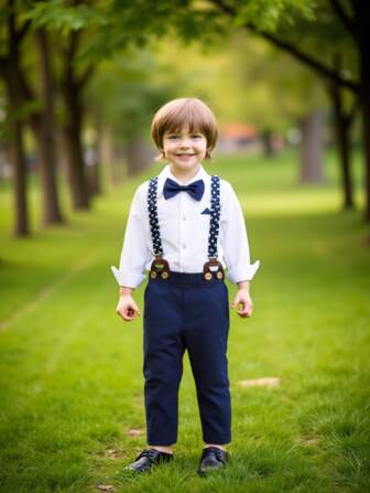 Toddler Boys Gentleman Outfit, 2pcs Set, Spring & Autumn, White Long Sleeve Shirt + Casual Suspender Pants + Bowknot, Fashionable, 100% Polyester, Machine Washable, Suitable For Weddings, Festivals, Birthdays, Performances, Outdoor