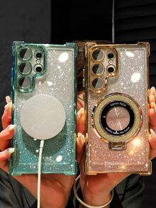 奢华电镀透明手机壳，带指环支架和磁吸支架，防震，镶钻闪亮，Y2K风格，时尚硅胶软壳保护套，兼容 16/16E/15/14/13/12/11/X/XS/XR/8/7 Plus/Pro/Max/Mini、Galaxy S24/S25 Ultra、小米、荣耀、Reno、MOTO Women 2025等机型。 - 金色 - 查看 6