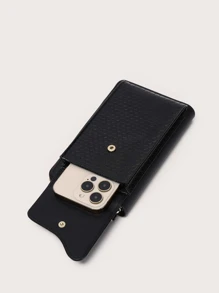 Carteira Vertical com Splicing de PU Gravada, com Alça Ajustável para Uso Transversal ou no Ombro, Ferragens Douradas, Forro Completo com Compartimentos para Cartões, Preta, para Homens