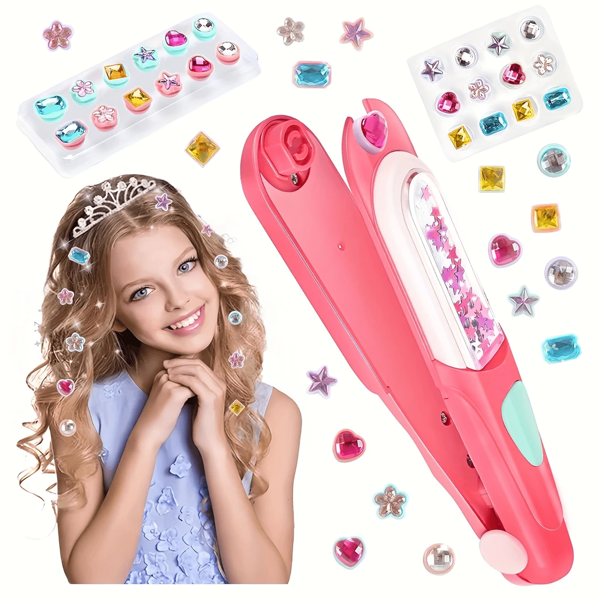 Girls' Sparkling Gem Hair Stamper Kit – Reusable Diamond-Like Embellishments, Vibrant Pink Plastic Hair Styling Tools With Stars, Hearts, And Circles For Creative Hairstyles