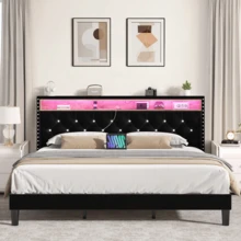LED Bed Frame With Storage Shelf Headboard, Velvet Upholstered Bed Frame With Charging Station, Modern Bed Frame With Diamond Tufted Headboard, No Box Spring Needed, White/ Black, Full/ Queen/ King  (USB LED Strip) - màu đen - Xem 11