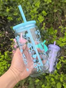 17oz Przezroczysta Butelka Na Wodę PC Ze Słomką, Nadaje Się Do Podróży Na Zewnątrz, Filiżanka Do Kawy, Uroczy Wzór Kokardy, Prezent Dla Niej, Urodziny