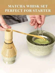 4pcs Traditional Matcha Tea Starter Set, Tea Whisk (Bamboo), Tea Spoon (Bamboo) Colander (Stainless Steel), Tea Whisk Stand (Ceramic), Basic Matcha Making Kit, Traditional Decoration Perfect Gift - Multicolor - View 2