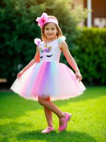 Conjunto de vestido de tul colorido con diseño de unicornio y diadema de unicornio para niña