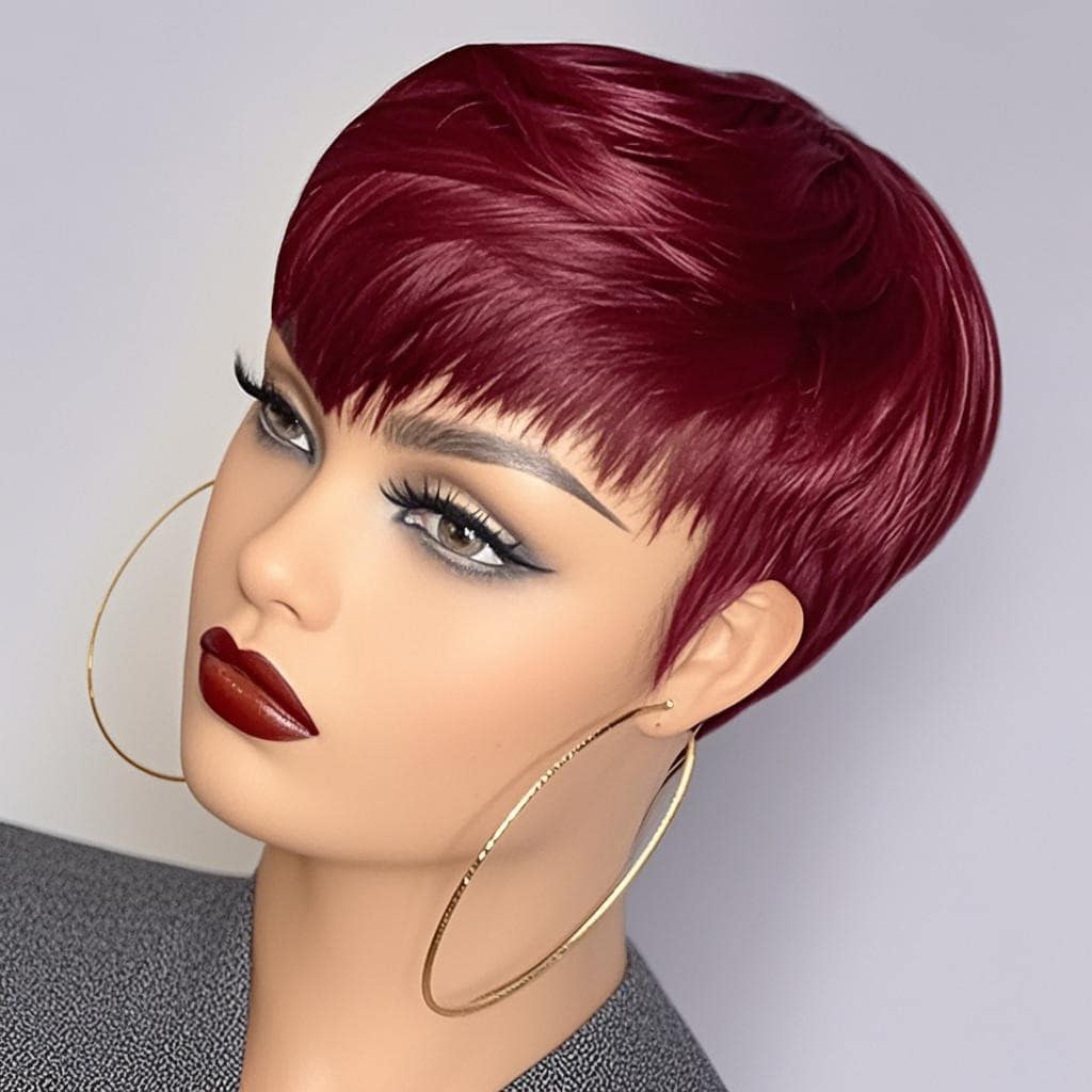 6inch Short Pixie Cut Straight Wig 100% Human Hair For Women Machine Made With Pre-Styled Bangs  Natural Hairline - Màu Đỏ Sâu - Xem 1