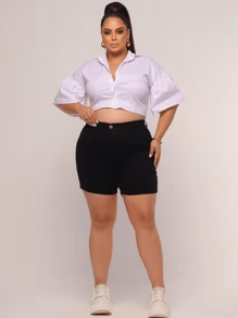 Bermudas Plus Size Sarja Preta Shorts Com Lycla (Elastano)