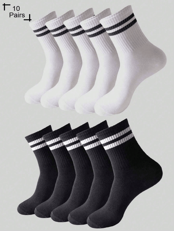 5/10 Pairs Black & White Striped Solid Color Casual Crew Socks