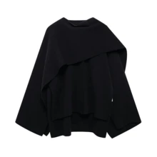 DEEKA Autumn/Winter New Arrival Casual Poncho Style Crew Neck Long Sleeve Short Knitted Cardigan Coat Black Spring - Black - View 4