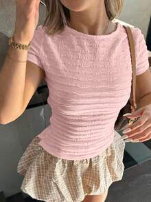 VIVINA Women's Solid Color Minimalist Round Neck Zip-Up Fitted Short Sleeve T-Shirt, Summer - Pink - View 2