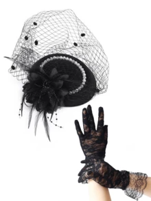 1 Set, Women's Mini Hat With Lace Gloves, Party Mini Hat, British Style Hat - A - View 1