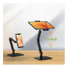 Soporte de monitor de escritorio, ajustable con rotación de 360°, inclinación de 180°, base de monitor universal expandible de 4,7-11 pulgadas, soporte para teléfono y tableta para transmisión en vivo y fotografía, diseño portátil con brazo largo plegable, hecho de aleación de aluminio - Negro - Ver 3