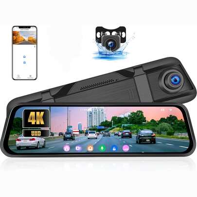 Cámara de tablero 4K con espejo retrovisor,Dash CAM para Auto, pantalla táctil de 9.66", cámara frontal y trasera, doble cámara con detección de punto ciego, GPS, wifi, visión nocturna, monitoreo de estacionamiento y cámara de reversa