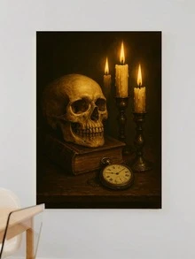 1pc Skull Poster, Candlelit Scene Canvas Print Wall Arts, Vintage Aesthetic Poster, Timeless Objects Art Prints, Bookshelf Display Paintings, Memento Mori Artwork, Home Decor, Room Aesthetic, Posters, Ideal Gift, Optional Framed Halloween Decor Fall Decor Room Decor