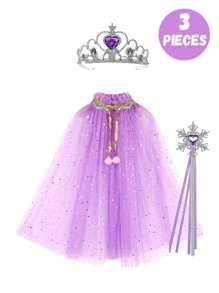 3 Peças Conjunto de Fantasia de Princesa, Varinha Mágica e Capa, Adequado para Meninas Pequenas se Fantasiarem, Jogos de Fantasia, Acessórios para Festas de Interpretação de Papéis em Feriados, É uma Escolha Ideal para Dar de Presente a Meninas