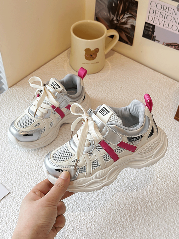 1 Pair Kids Mesh Platform Chunky Sneakers, Red White Silver Color Blocking Breathable Casual Sports Shoes