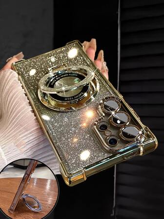 Lyxigt elektropläterat transparent telefonskal med ringhållare och magnetiskt stativ, stötsäkert, strassglitter, Y2K-stil, modernt silikon mjukt skyddsskal för iPhone 16/16E/15/14/13/12/11/X/XS/XR/8/7 Plus/Pro/Max/Mini, Galaxy S24/S25 Ultra, kompatibel med Redmi, Honor, OPPO Reno, MOTO Infinix Women 2025
