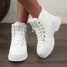 Local Delivery - Women's Winter Fashion Snow Boots - Thick Sole, Plush Lined, Beige Synthetic Leather With Side Zipper & Laces, Casual Height Increase, Round Toe, PVC Sole, Fabric Inner Lining, Cold Weather Boots | Round Toe Footwear | PVC Sole Boots, Winter Boots - White - View 4