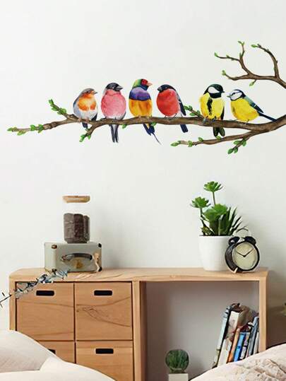 قطعة واحدة ملصق حائط ذاتي اللصق بتصميم فرع شجرة وطائر بطريقة كرتونية ملونة لتزيين غرفة النوم المريحة وغرفة الدراسة وغرفة المعيشة، ملصقات، ديكور الحائط، ديكور فينيل لديكورات المنزل، عناصر ديكور الربيع لتنشيط منزلك، ملصقات ديكور الأغصان هدايا عيد الميلاد والتخرج