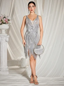 Deep V Sequins Bodycon Halter Neck Evening Dress