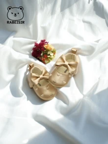 RABEISIR 嬰兒刺繡心步行鞋嬰兒鞋帶時尚大蝴蝶結公主風 - 金色 - 查看 7