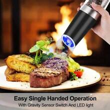 SOKANY 2pcs Gravity Electric Pepper & Salt Grinder Set, Adjustable Coarseness, Battery Powered With LED Light, One-Handed Automatic Operation, Stainless Steel Black, 7.8 Inch/2 Inch - Black - View 5