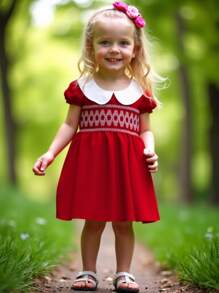Vestido de verano para niñas, vestido de princesa elegante con cuello Peter Pan, manga abullonada, empalme y estilo smock para niñas de 4 a 7 años, vestido casual de media manga con botones para uso diario